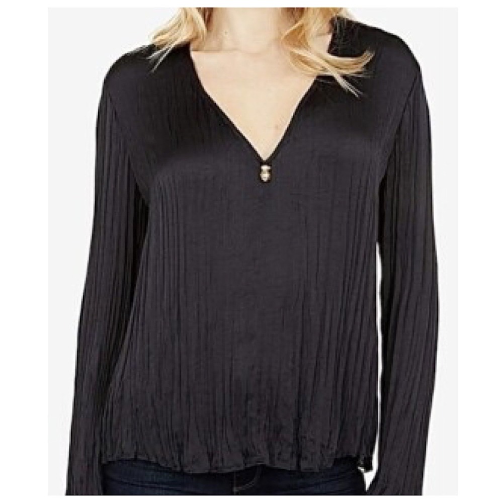 Vince Double V-Neck Crinkle Pleated Pullover Top Womens Sz M Black Long Sleeve